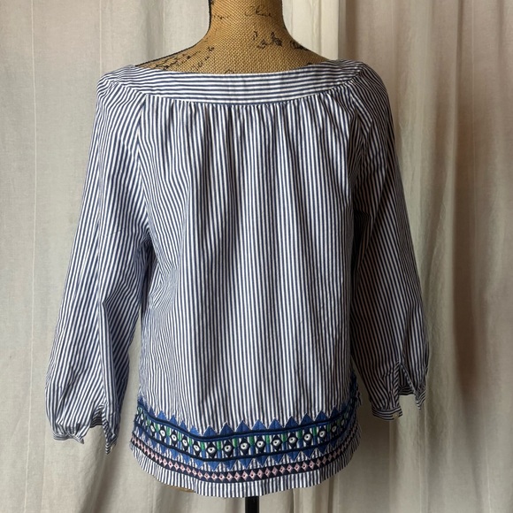 Vineyard Vines Women’s Geo Prep Blue White Embroidered Open Neck Top Shirt XS - Picture 2 of 7